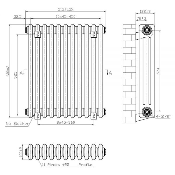 Eastbrook Imperia 600 x 515 Gloss White 3 Column Radiator #3