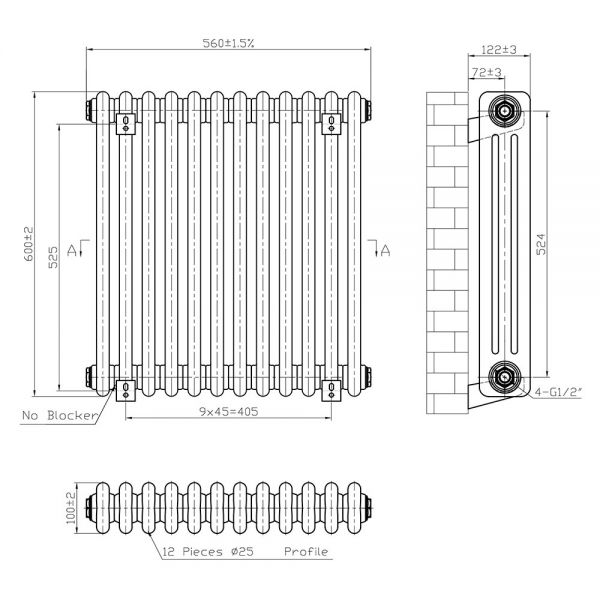 Eastbrook Imperia 600 x 560 Gloss White 3 Column Radiator #3