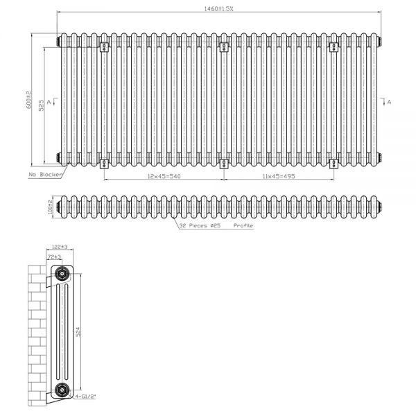 Eastbrook Imperia 600 x 1460 Gloss White 3 Column Radiator #3