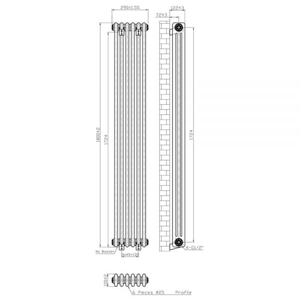 Eastbrook Imperia 1800 x 290 Gloss White 3 Column Radiator #3
