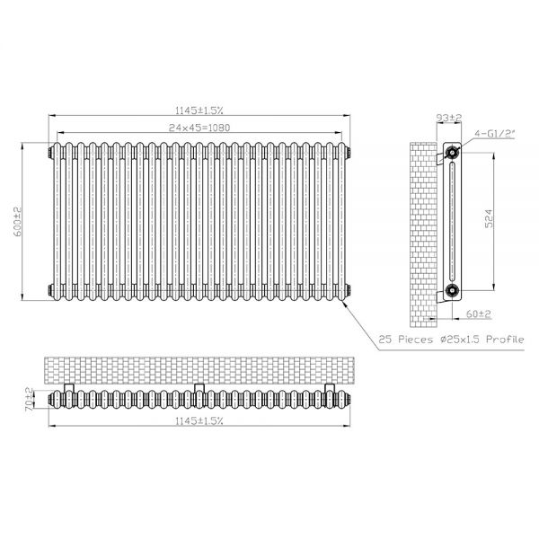 Eastbrook Imperia 600 x 1145 Matt Anthracite 2 Column Radiator #3
