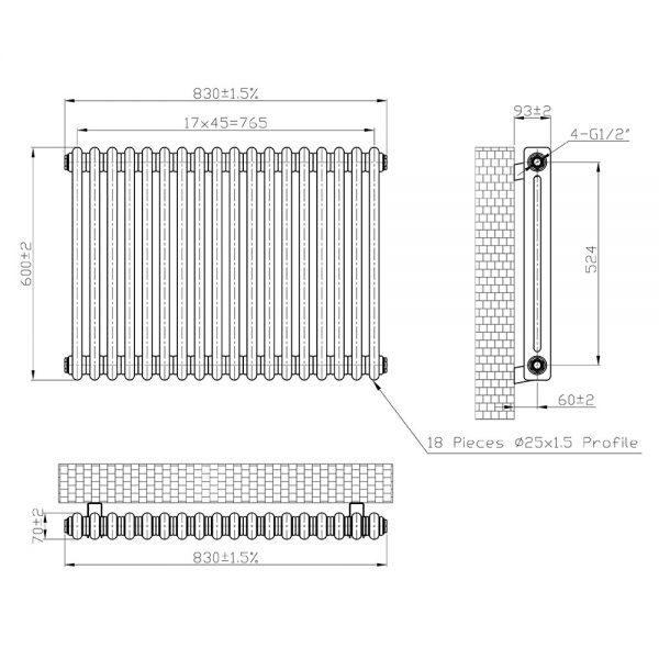 Eastbrook Imperia 600 x 830 Matt Anthracite 2 Column Radiator #3