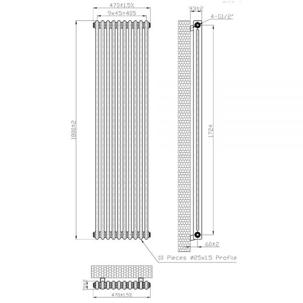 Eastbrook Imperia 1800 x 470 Matt Anthracite 2 Column Radiator #3