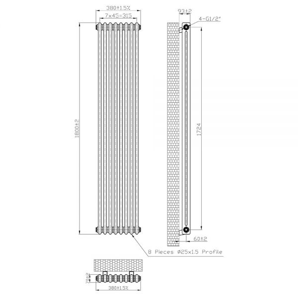 Eastbrook Imperia 1800 x 380 Matt Anthracite 2 Column Radiator #3