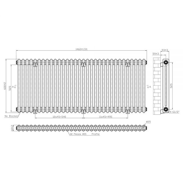 Eastbrook Imperia 600 x 1460 Matt Anthracite 2 Column Radiator #3