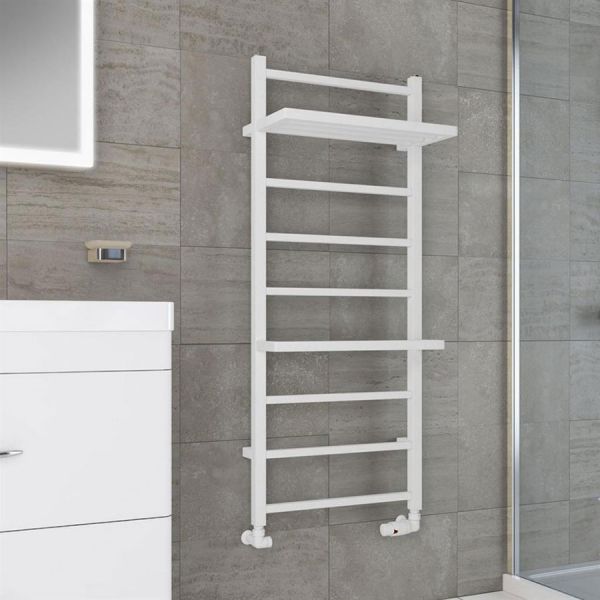 Eastbrook Launton 1200 x 500 Straight Matt White Towel Rail with Heated Shelves #2