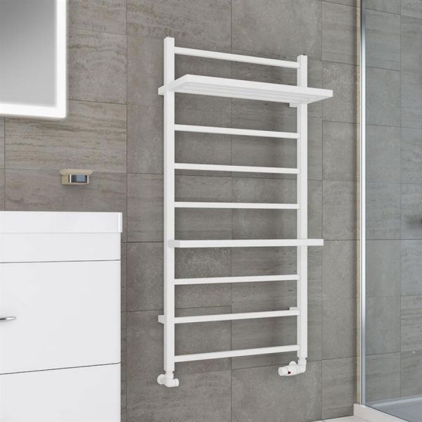 Eastbrook Launton 1200 x 600 Straight Matt White Towel Rail with Heated Shelves #2