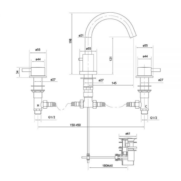 Eastbrook Meriden Brushed Brass Deck Mounted 3 Hole Basin Mixer Tap #2