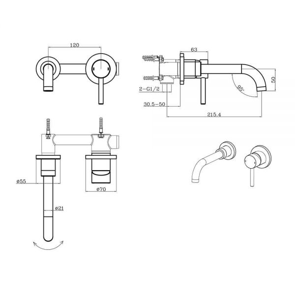 Eastbrook Meriden Brushed Brass Wall Mounted Basin Mixer Tap #2