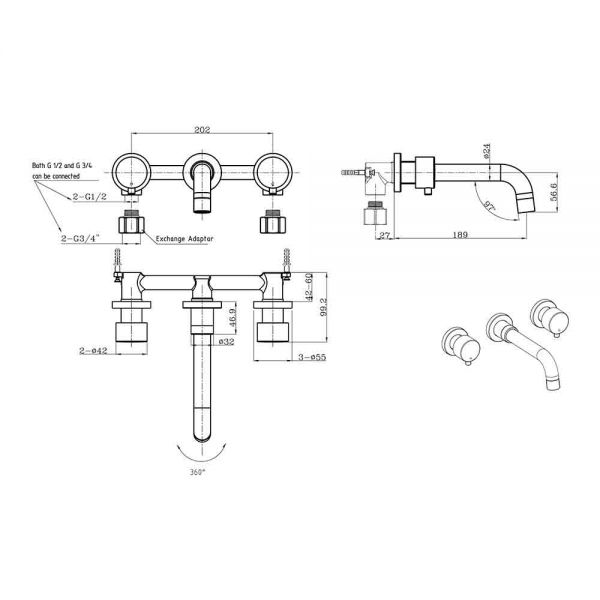 Eastbrook Meriden Chrome 3 Hole Wall Mounted Bath FIller Tap #2