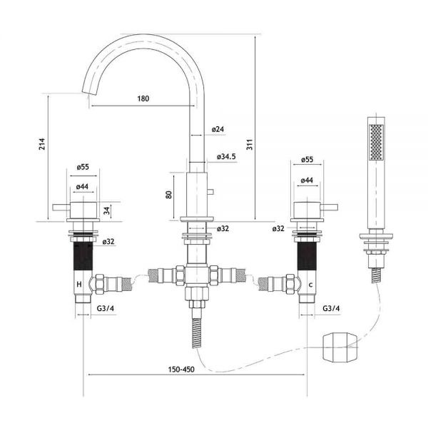 Eastbrook Meriden Matt Black Deck Mounted 4 Hole Bath Shower Mixer Tap #2
