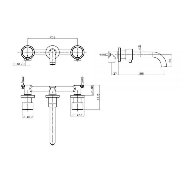 Eastbrook Meriden Matt Black 3 Hole Wall Mounted Basin Mixer Tap #2