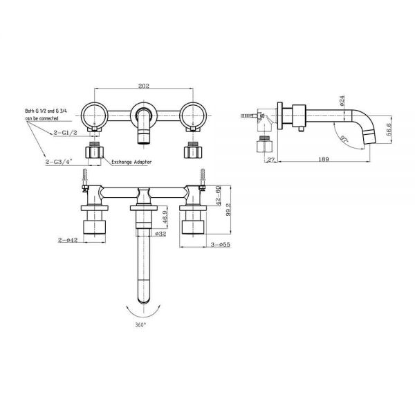 Eastbrook Meriden Matt Black 3 Hole Wall Mounted Bath Filler Tap #2