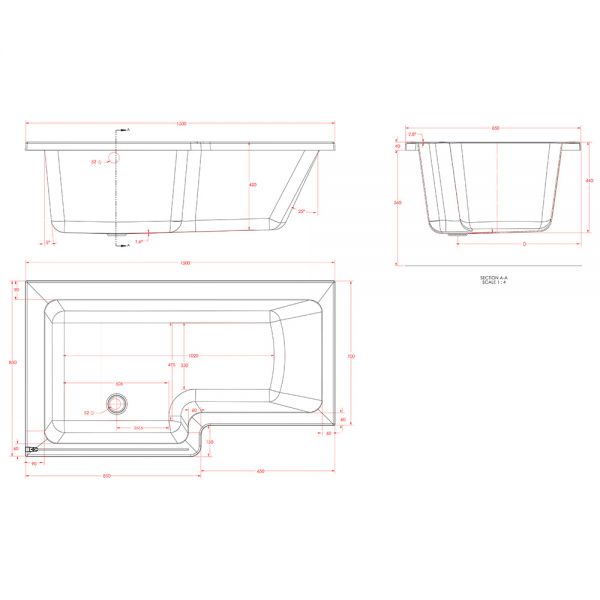 Eastbrook Portland L Shaped 1500 x 850 Left Hand Shower Bath #3