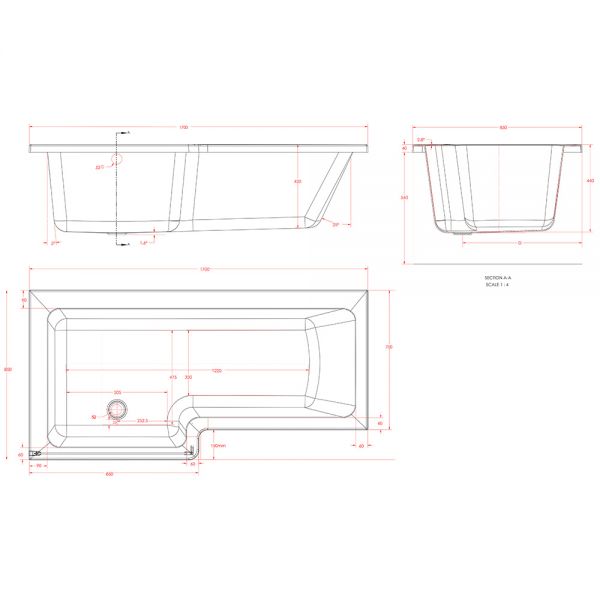 Eastbrook Portland L Shaped 1700 x 850 Left Hand Shower Bath #3