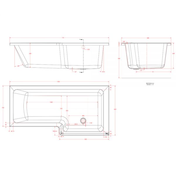 Eastbrook Portland L Shaped 1700 x 850 Right Hand Shower Bath #3
