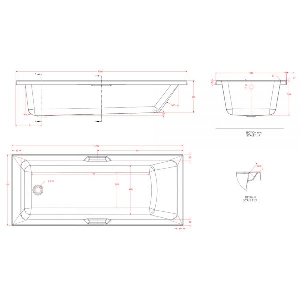 Eastbrook Beauforte Reinforced Portland Low Level 1700 x 700 Single Ended Bath with Twin Grips #4