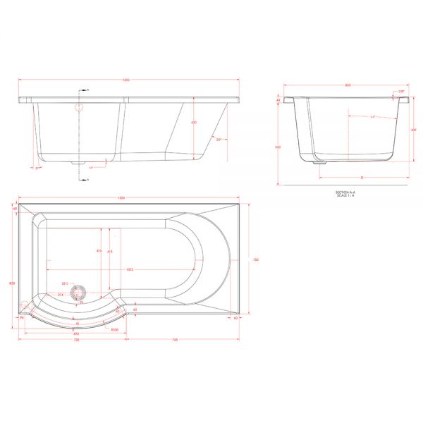 Eastbrook Beauforte Reinforced Portland P Shaped 1500 x 850 Left Hand Shower Bath #3
