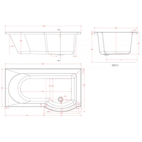 Eastbrook Beauforte Reinforced Portland P Shaped 1500 x 850 Right Hand Shower Bath #3