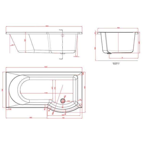 Eastbrook Portland P Shaped 1600 x 850 Right Hand Shower Bath #3