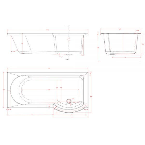 Eastbrook Portland P Shaped 1700 x 850 Right Hand Shower Bath #3