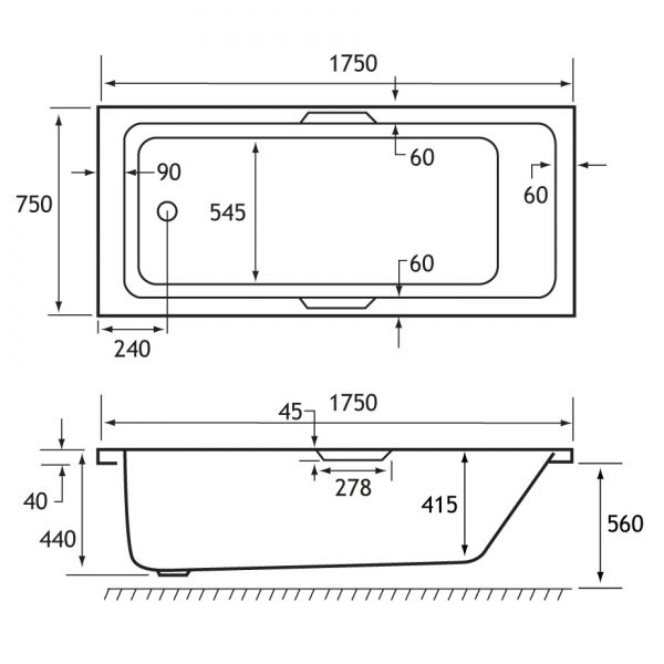 Eastbrook Portland 1750 x 750 Single Ended Bath with Twin Grips #2