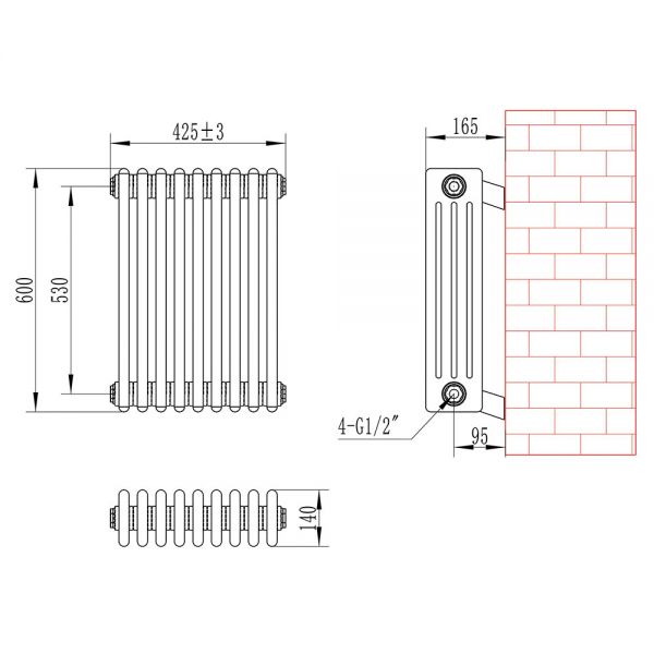 Eastbrook Rivassa 600 x 425 Matt Black 4 Column Radiator #3