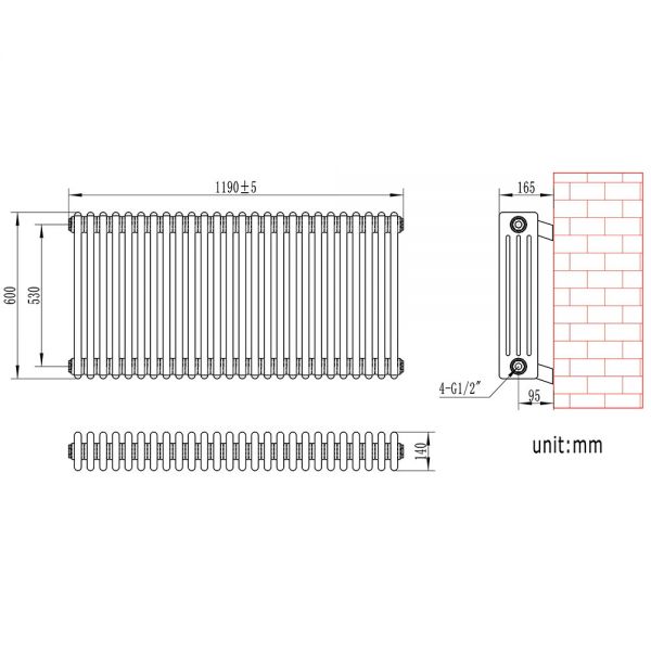 Eastbrook Rivassa 600 x 1190 Matt Black 4 Column Radiator #3