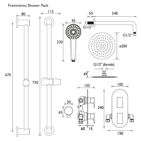 Bristan Frammento Matt Black 2 Outlet Shower Pack with Overhead Shower and Riser Rail Kit #6