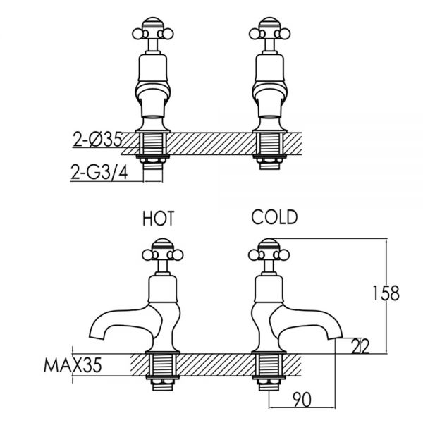 JTP Grosvenor Cross Chrome Bath Pillar Taps with Black Indices #2