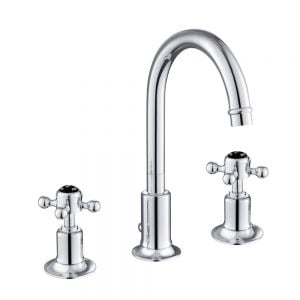 JTP Grosvenor Cross Chrome 3 Hole Basin Mixer Tap with Pop Up Waste and Black Indices