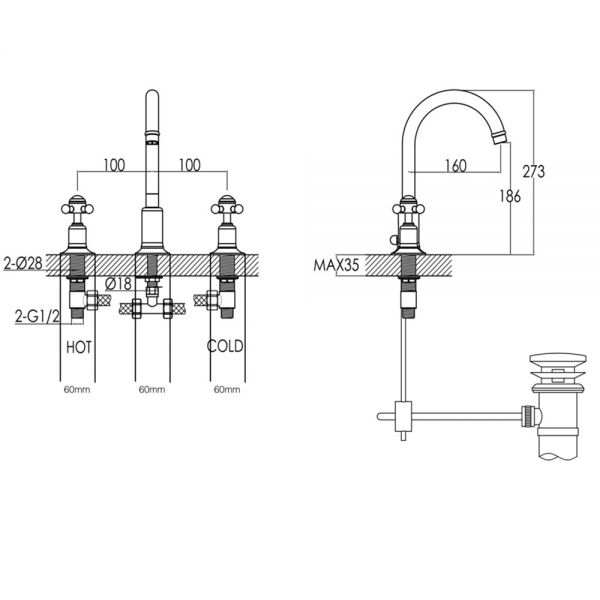 JTP Grosvenor Cross Chrome 3 Hole Basin Mixer Tap with Pop Up Waste and Black Indices #2