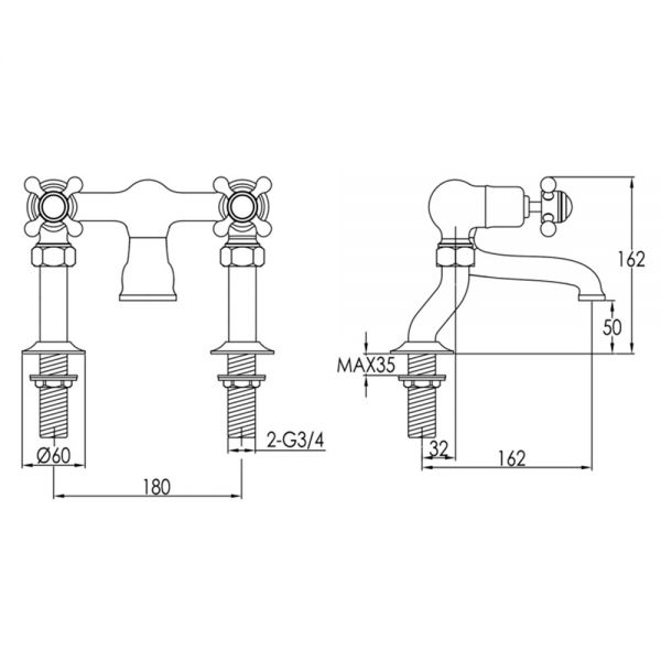 JTP Grosvenor Cross Chrome Deck Mounted Bath Filler Tap with Black Indices #2