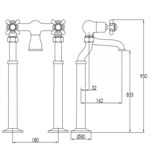 JTP Grosvenor Cross Chrome Floor Standing Bath Filler Tap with Black Indices #2