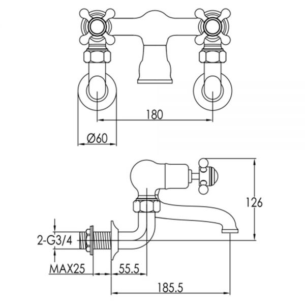 JTP Grosvenor Cross Chrome Wall Mounted Bath Filler Tap with Black Indices #2