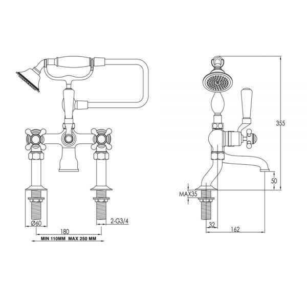JTP Grosvenor Cross Chrome Deck Mounted Bath Shower Mixer Tap with Black Indices #2