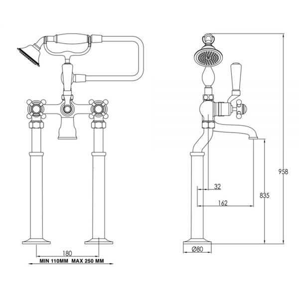 JTP Grosvenor Cross Chrome Floor Standing Bath Shower Mixer Tap with Black Indices #2