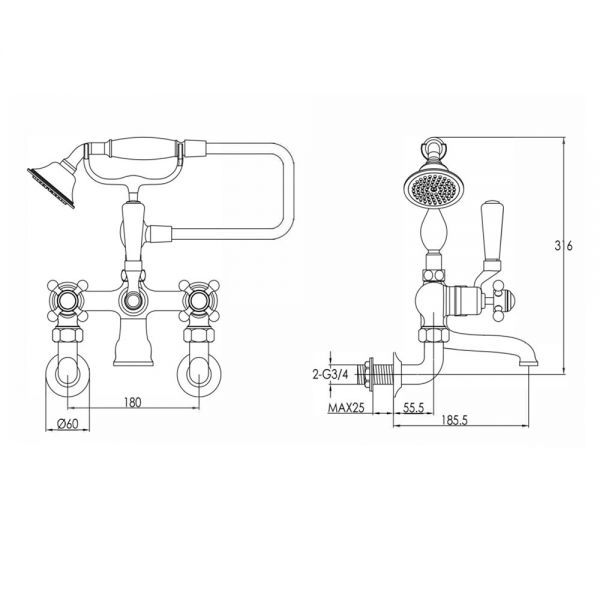 JTP Grosvenor Cross Chrome Wall Mounted Bath Shower Mixer Tap with Black Indices #2