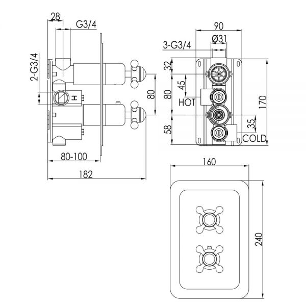 JTP Grosvenor Cross Chrome Single Outlet Thermostatic Shower Valve with Black Indices #2