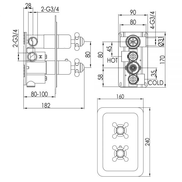 JTP Grosvenor Cross Chrome Two Outlet Thermostatic Shower Valve with Black Indices #2