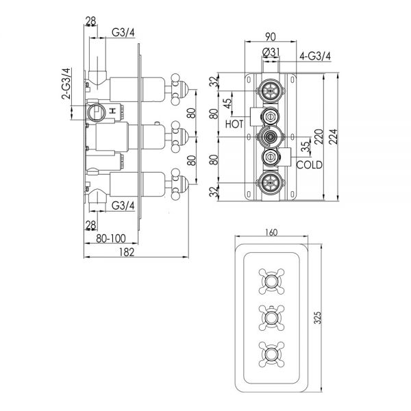JTP Grosvenor Cross Chrome Vertical Two Outlet Three Handle Thermostatic Shower Valve with Black Indices #2