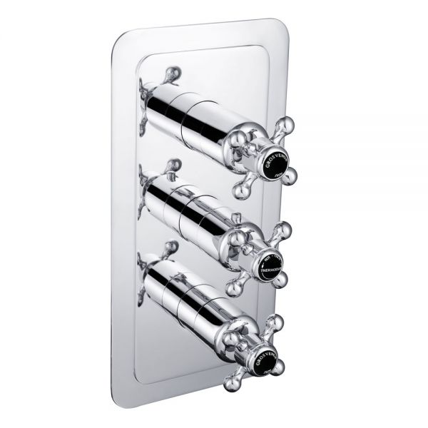 JTP Grosvenor Cross Chrome Vertical Two Outlet Three Handle Thermostatic Shower Valve with Black Indices