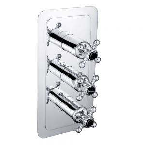 JTP Grosvenor Cross Chrome Vertical Two Outlet Three Handle Thermostatic Shower Valve with Black Indices