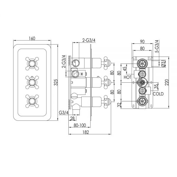 JTP Grosvenor Cross Chrome Vertical Three Outlet Thermostatic Shower Valve with Black Indices #2