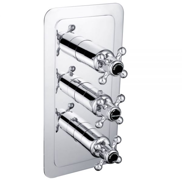 JTP Grosvenor Cross Chrome Vertical Three Outlet Thermostatic Shower Valve with Black Indices