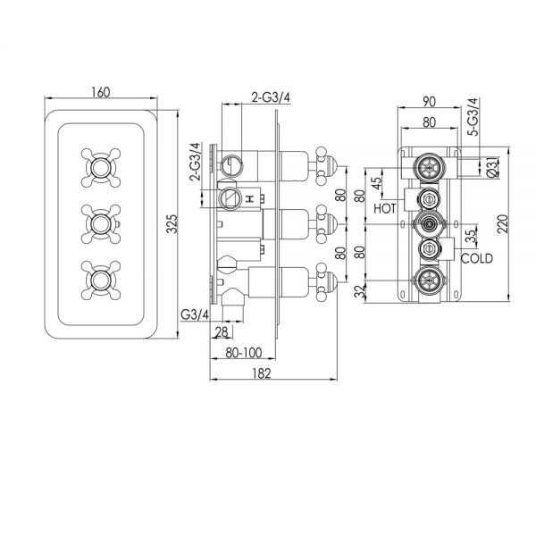 JTP Grosvenor Cross Chrome Horizontal Three Outlet Thermostatic Shower Valve with Black Indices #2