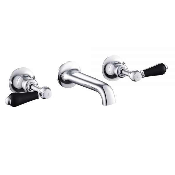 JTP Grosvenor Lever Chrome 3 Hole Wall Mounted Basin Mixer Tap with Black Levers