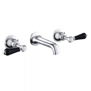 JTP Grosvenor Lever Chrome 3 Hole Wall Mounted Basin Mixer Tap with Black Levers