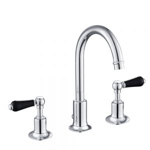 JTP Grosvenor Lever Chrome 3 Hole Basin Mixer Tap with Pop Up Waste and Black Lever