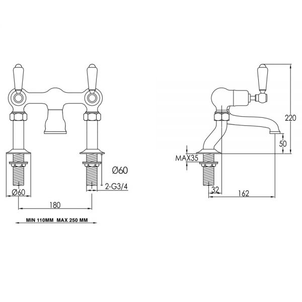 JTP Grosvenor Lever Chrome Deck Mounted Bath Filler Tap with Black Lever #2